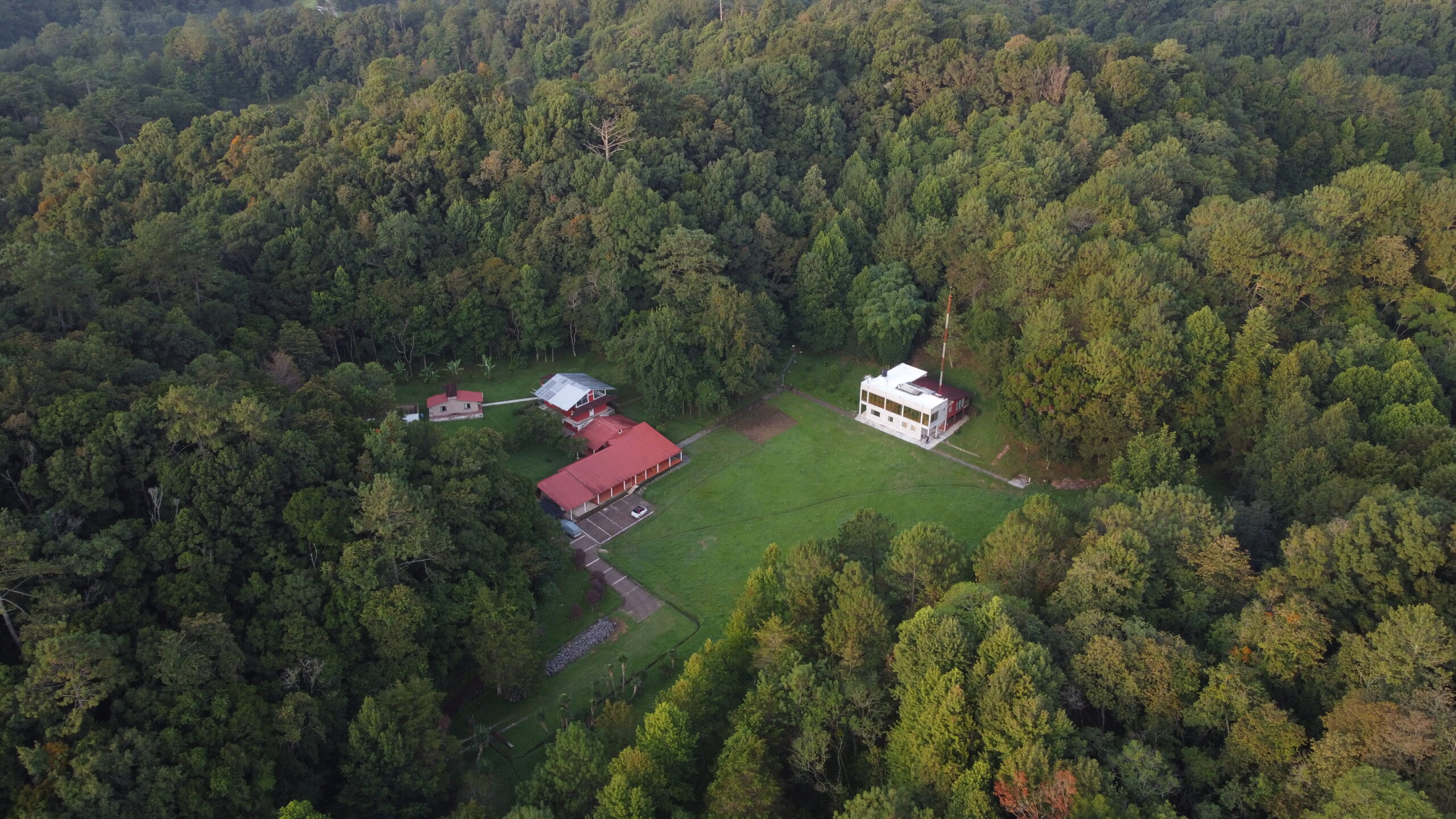 Vista aérea del Dhamma Vihāra: el edificio del instituto y el monasterio entre el bosque de Jilotepec, Veracruz